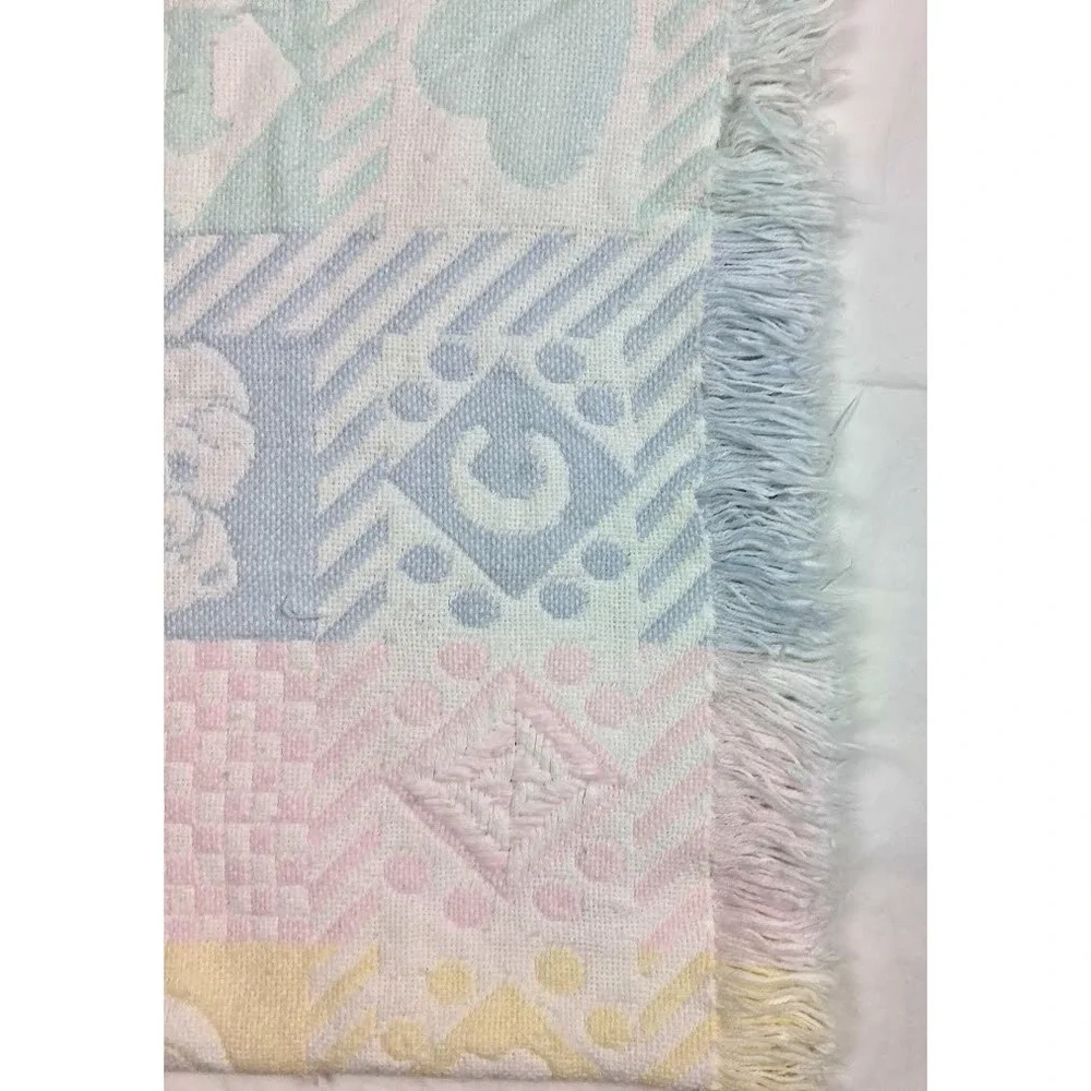 Vtg Pastel Tapestry Baby Blanket Fringe Pink Blue Yellow Green Bear 1 2 3 A B C